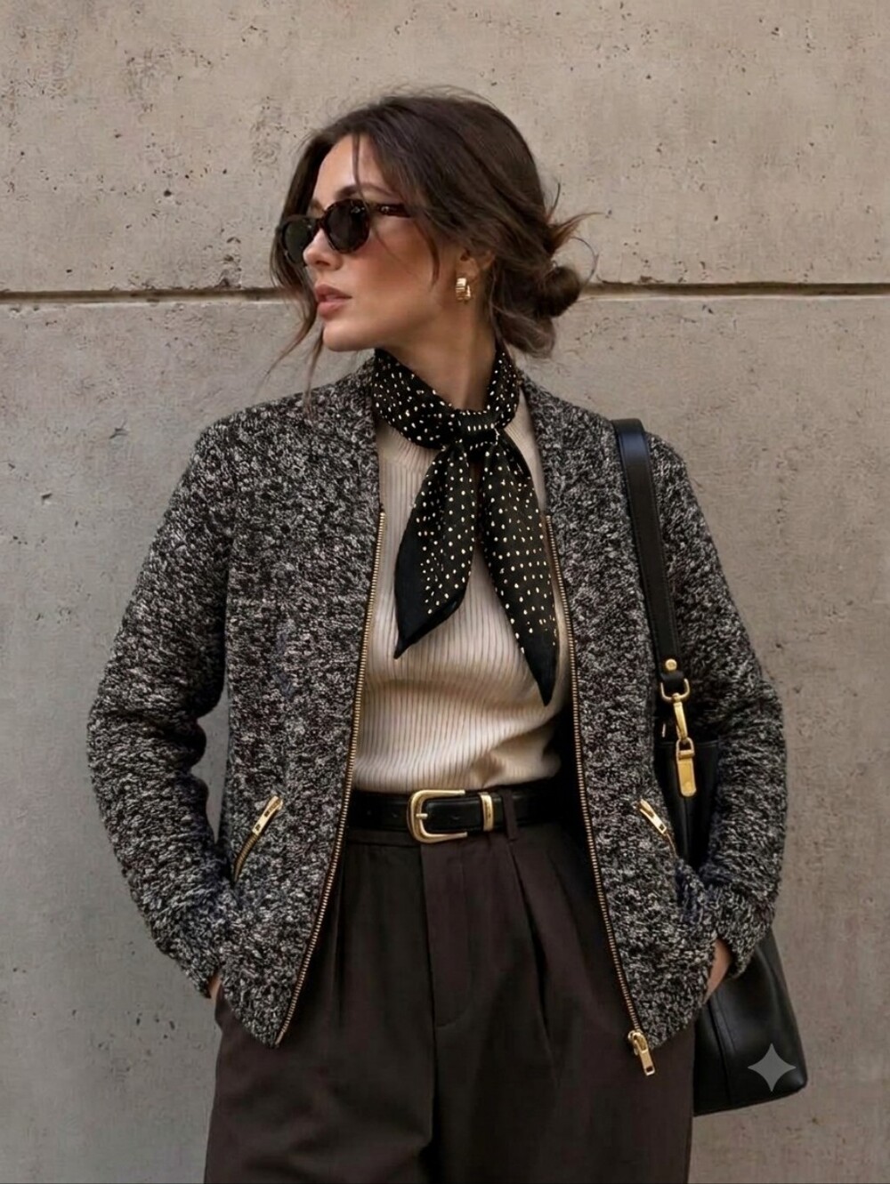 French Connection Black & White Marled Bomber Jacket with Gold Zippers